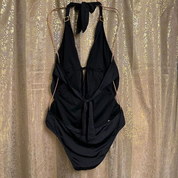 Bar III Black Solid Monokini One Piece Swimsuit Gold Accents Large - Picture 2 of 7